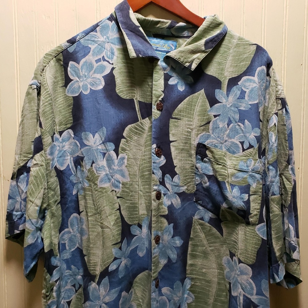 Bermuda Bay Shirt Mens 2XL Blue Floral Hawaiian 100% Silk Short Sleeve Button-Up